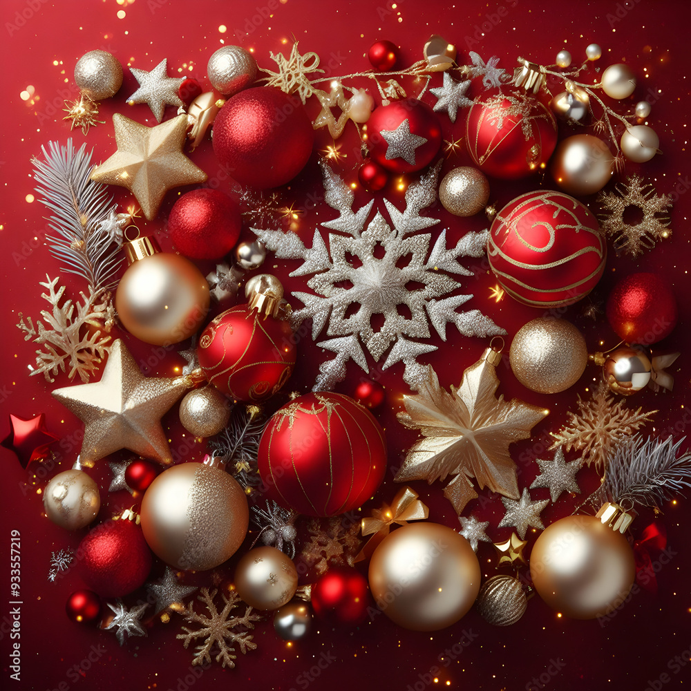 Red Christmas Background with Many Golden Red Balls and Snowflakes Red Christmas Background with Many Golden Red Balls and Snowflakes