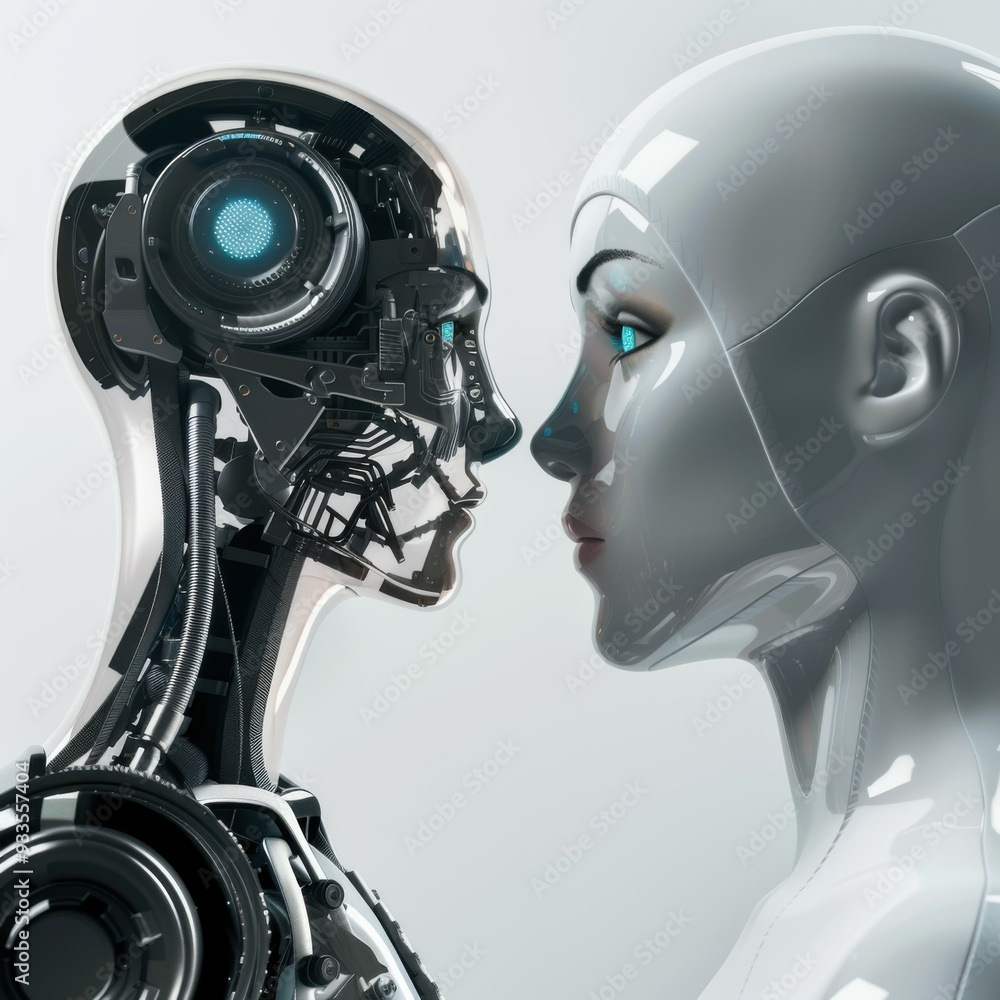 Side view of humanoid head with blue-yellow eyes and bright neon neural network representing futuristic technology and artificial intelligence Side view of humanoid head with blue-yellow eyes and bright neon neural network representing futuristic technology and artificial intelligence
