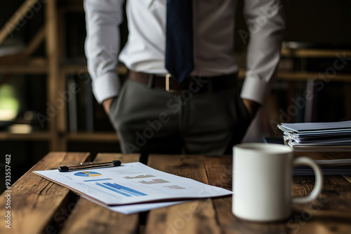 A businessman stands by his wooden desk, thoughtfully reviewing financial reports while having a coffee in the office.