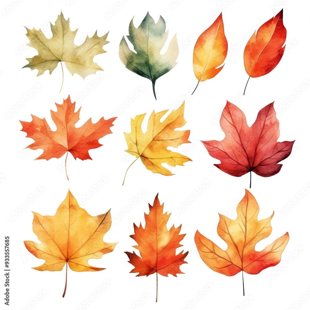 Watercolor illustration of nine autumn leaves in various shades of red, orange, yellow, and green. Watercolor illustration of nine autumn leaves in various shades of red, orange, yellow, and green.