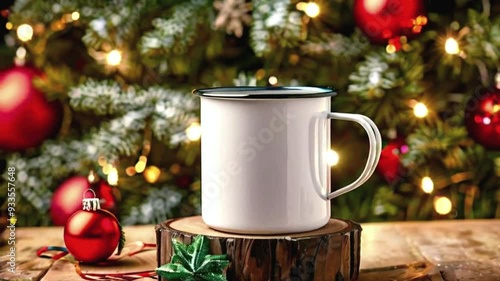 Wallpaper Mural Close-up of a white color Enamel Camping Cup with Christmas background, Mockup for Custom Designs
 Torontodigital.ca