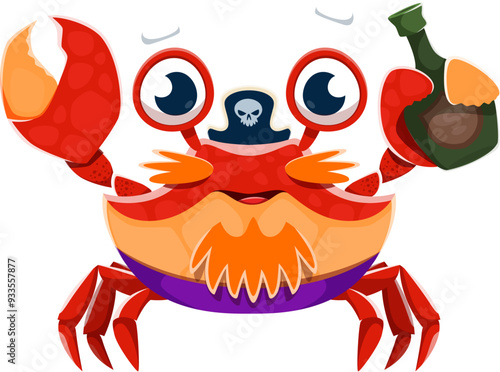 Cartoon crab animal pirate character with rum bottle. Isolated vector funny filibuster personage ready for adventures and jovial seaside escapade, eyes gleaming with mischief, exude spirit of the sea
