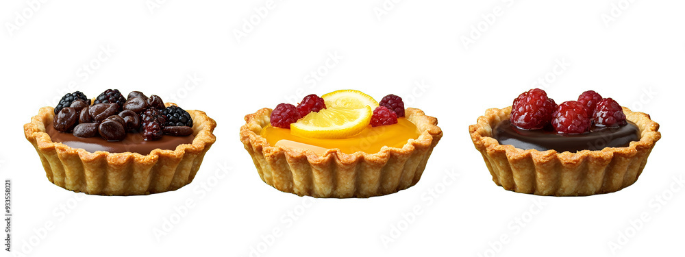 Tart, each with a buttery, crumbly crust, filled with smooth lemon curd or rich chocolate ganache, and topped with fresh fruit or nuts Tart, each with a buttery, crumbly crust, filled with smooth lemon curd or rich chocolate ganache, and topped with fresh fruit or nuts