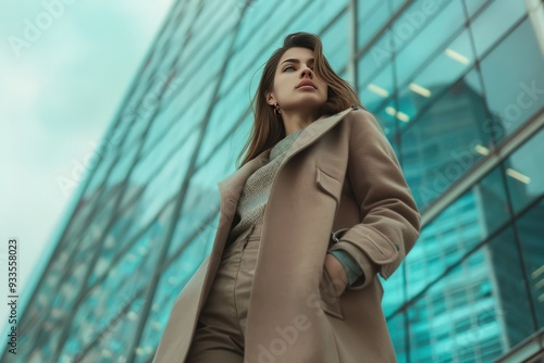 Beautiful businesswoman in a coat and pants, standing against a skyscraper office building, magazine cover style, high resolution, professional color grading.