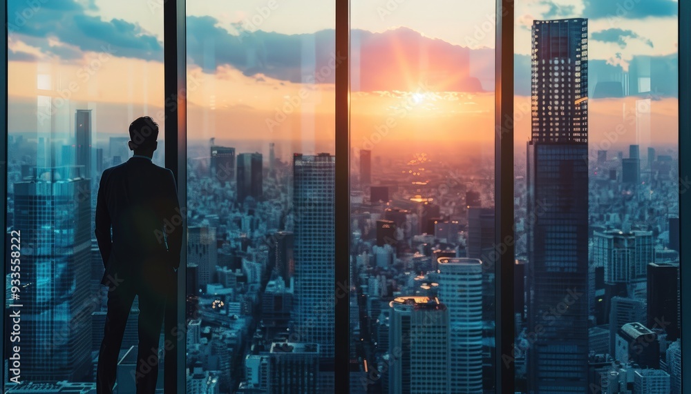 City at sunset, businessman by window, panoramic view, business background. City at sunset, businessman by window, panoramic view, business background.