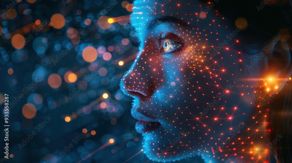 Side view of humanoid head with blue-yellow eyes and bright neon neural network representing futuristic technology and artificial intelligence Side view of humanoid head with blue-yellow eyes and bright neon neural network representing futuristic technology and artificial intelligence