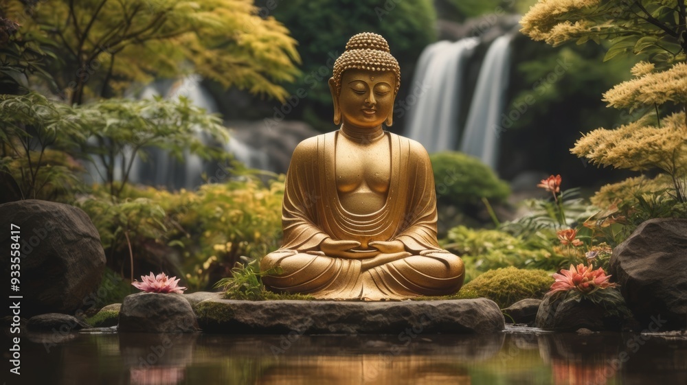A bronze Buddha statue in pose for meditation in a Japanese garden among blooming greenery on a background of waterfall A bronze Buddha statue in pose for meditation in a Japanese garden among blooming greenery on a background of waterfall