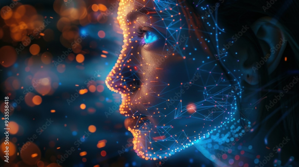 Side view of humanoid head with blue-yellow eyes and bright neon neural network representing futuristic technology and artificial intelligence Side view of humanoid head with blue-yellow eyes and bright neon neural network representing futuristic technology and artificial intelligence