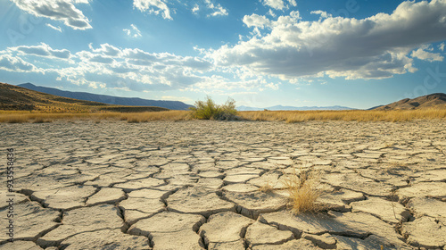 Drought-stricken landscape with cracked, dry earth under a bright sky with scattered clouds in a barren desert