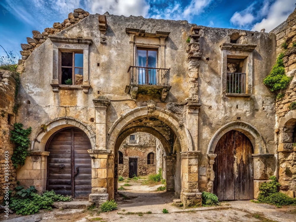 Weathered rustic facade symphony archways crumbling stonework ancient abandoned Weathered rustic facade symphony archways crumbling stonework ancient abandoned