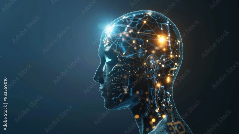 Side view of humanoid head with blue-yellow eyes and bright neon neural network representing futuristic technology and artificial intelligence Side view of humanoid head with blue-yellow eyes and bright neon neural network representing futuristic technology and artificial intelligence