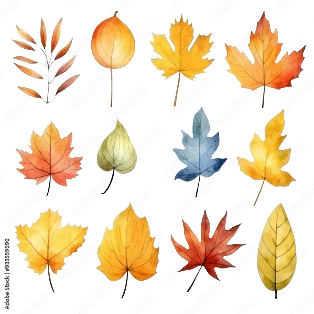 A collection of twelve watercolor autumn leaves in various shapes and colors. A collection of twelve watercolor autumn leaves in various shapes and colors.