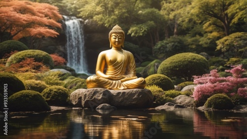 A bronze Buddha statue in pose for meditation in a Japanese garden among blooming greenery on a background of waterfall