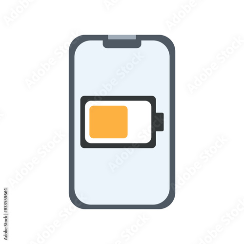 Vector flat mobile phone with battery charge yellow indicator. Smartphone mockup with blank white screen and different battery level icon., mobile gadget in flat style.