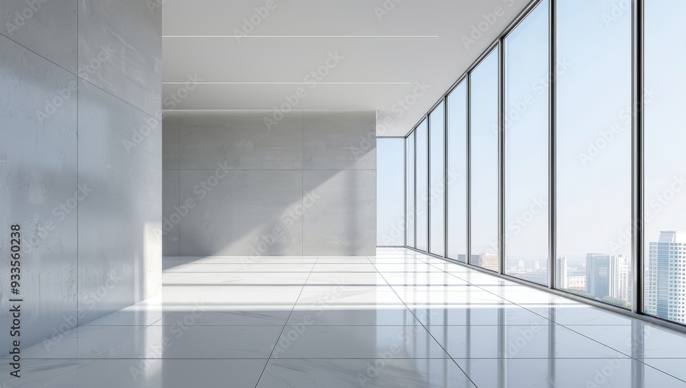Fototapeta premium Empty modern office interior with floor-to-ceiling windows overlooking cityscape.