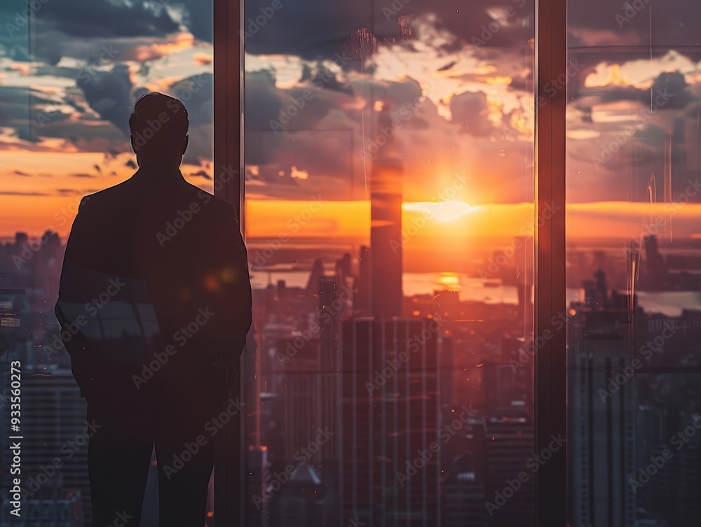 City sunset from window, businessman in foreground, business concept, panoramic view. City sunset from window, businessman in foreground, business concept, panoramic view.