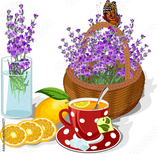 Cup with tea and lavender.Vector illustration with a cup of tea, a lemon and a bouquet of lavender in a basket.