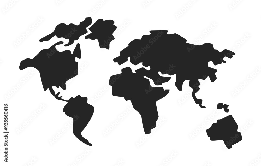 Simplified world map black and white 2D line object. Natural science ...