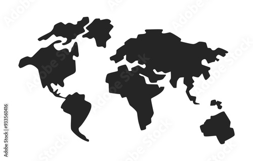 Simplified world map black and white 2D line object. Natural science course. Geography class educative materials isolated vector outline item. Silhouette plan monochromatic flat spot illustration