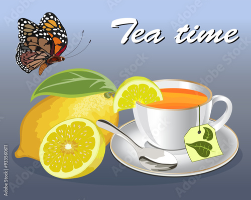 Cup with tea and lemon.Vector illustration with a cup of tea and a lemon on a colored background with text.