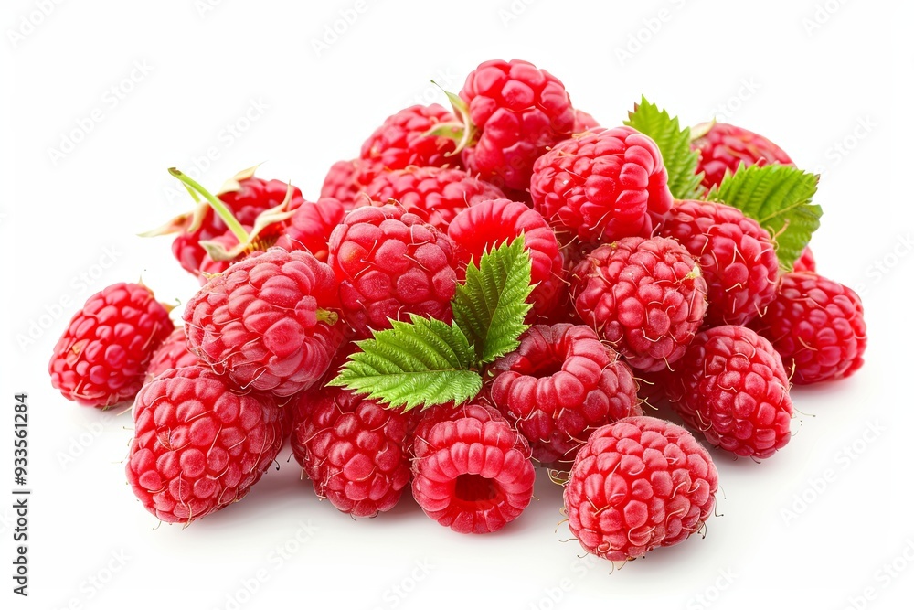 A group of raspberry berries with leaves on a white background A group of raspberry berries with leaves on a white background