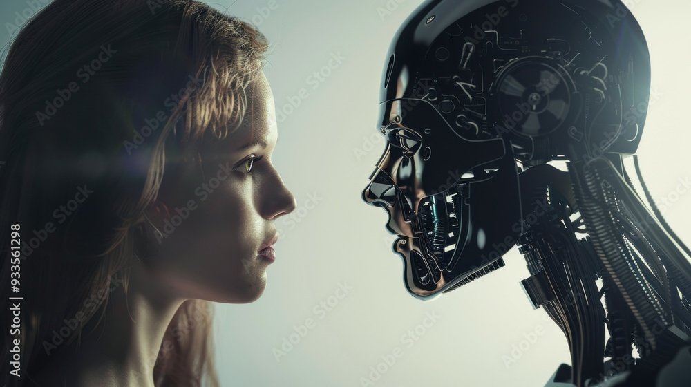 Woman opposite AI. The concept of the confrontation between humanity and artificial intelligence. Woman opposite AI. The concept of the confrontation between humanity and artificial intelligence.