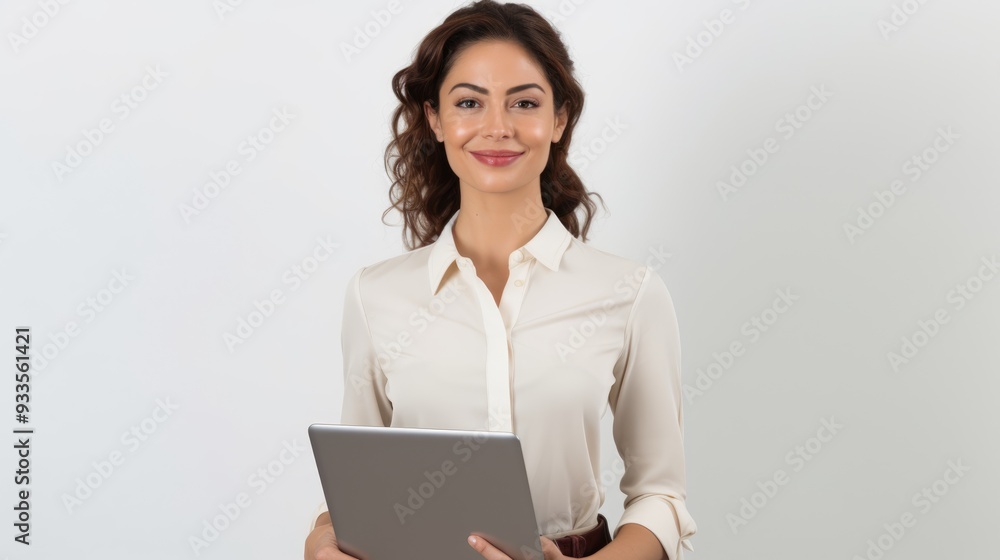 a youngprofessional woman with a bright smile, standing and holding a laptop, looking directly at the camera,generative ai a youngprofessional woman with a bright smile, standing and holding a laptop, looking directly at the camera,generative ai
