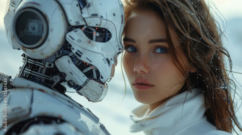 Woman opposite AI. The concept of the confrontation between humanity and artificial intelligence. Woman opposite AI. The concept of the confrontation between humanity and artificial intelligence.