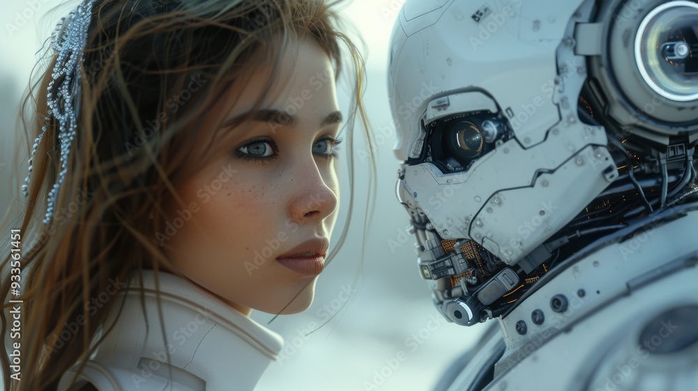 Woman opposite AI. The concept of the confrontation between humanity and artificial intelligence. Woman opposite AI. The concept of the confrontation between humanity and artificial intelligence.