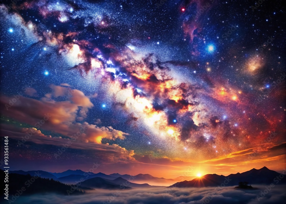 Fototapeta premium Celestial Nightscape: Shimmering stars, nebulae textures, cosmic hues, ethereal, enchanting