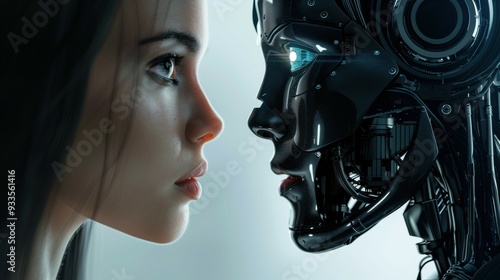 Woman opposite AI. The concept of the confrontation between humanity and artificial intelligence.