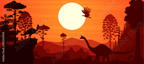 Prehistoric dinosaurs silhouettes in sunset forest or Jurassic era landscape, vector background. Cartoon prehistoric dinosaur lizards silhouettes of pelorosaurus, corythosaurus and argentavis bird