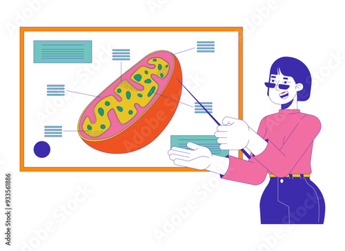 Woman teacher explaining cell structure at lesson 2D cartoon character. Asian female conducting biology class isolated flat vector person white background. School staff color spot illustration