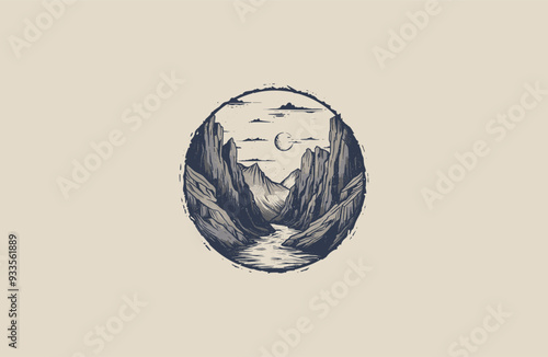 canyon river vintage engraving design vector illustration