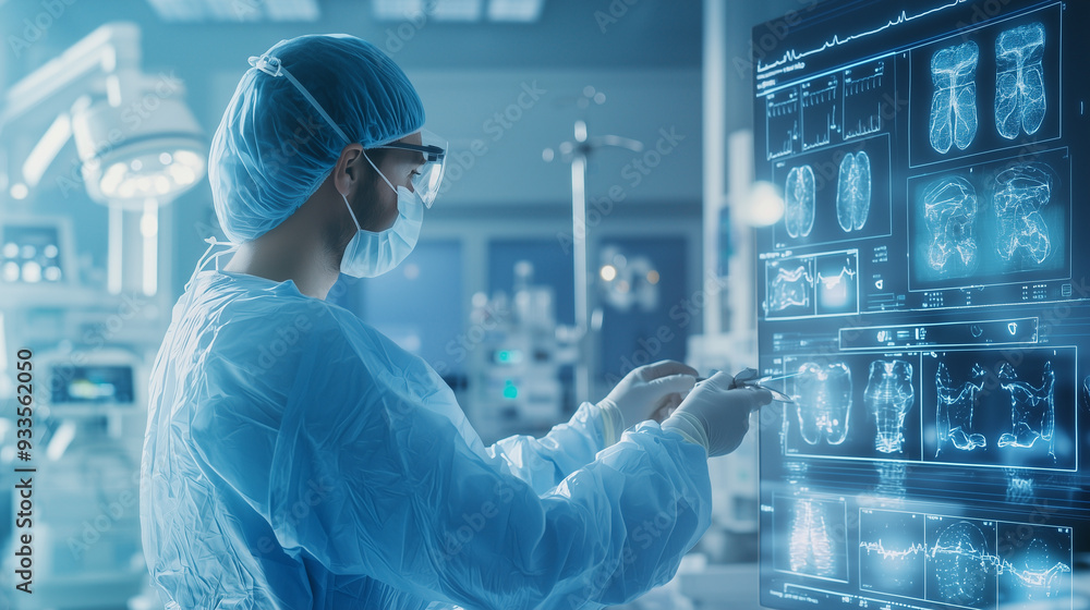 A futuristic scene of a surgeon performing procedure with the help of a robotic machine, surrounded by a virtual interface that represents the future of healthcare and medical inno A futuristic scene of a surgeon performing procedure with the help of a robotic machine, surrounded by a virtual interface that represents the future of healthcare and medical inno
