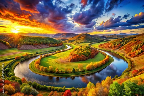 Chromatic Vistas: Panoramic landscapes, saturated colors, sweeping curves, vibrant