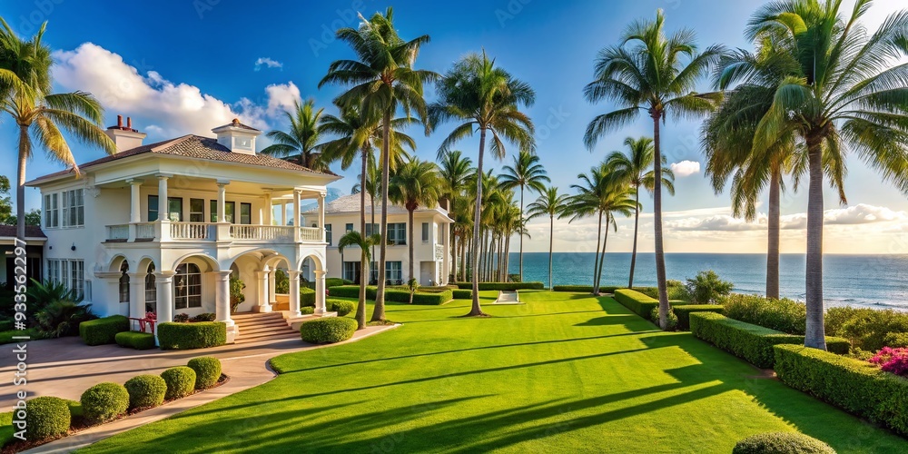 Coastal Glamour: Whitewashed mansions, lush lawns, palm trees, exclusive, opulent Coastal Glamour: Whitewashed mansions, lush lawns, palm trees, exclusive, opulent