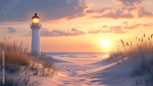 Fototapeta Naklejka Na Ścianę i Meble -  Lighthouse at Sunset on a Sandy Beach