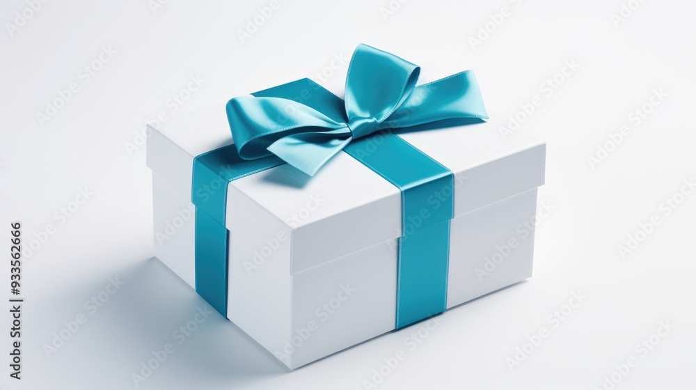 Fototapeta premium a blue gift box with a blue ribbon, taken from the top, against a white background ,generative ai