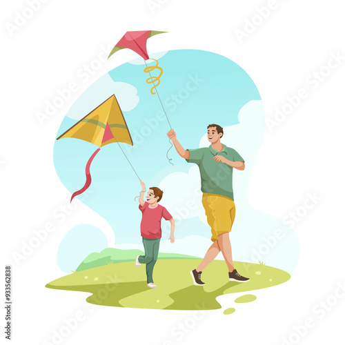 A father and son are shown flying kites in a park. The graphic style is cartoon-like, on a background of blue sky and green grass. Concept of family bonding and outdoor activity. Vector illustration