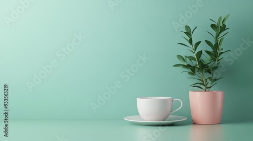 Wallpaper Mural A minimalistic arrangement featuring a white cup and a green potted plant against a teal background, creating a calm and serene atmosphere. Torontodigital.ca