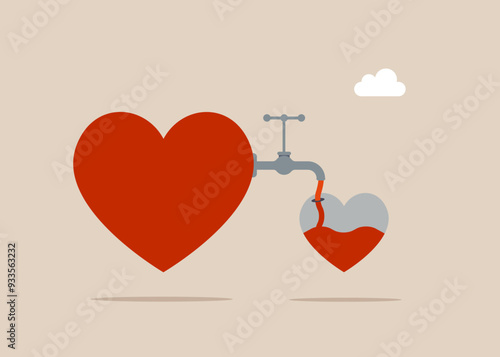 Big heart shape pouring water to fulfill tiny heart shape metaphor of passion. Modern vector illustration in flat style.