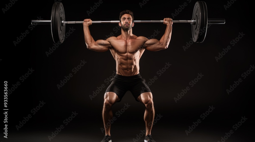 a young man bodybuilder lifting heavy weights, front view, isolated against a black background, generative ai a young man bodybuilder lifting heavy weights, front view, isolated against a black background, generative ai