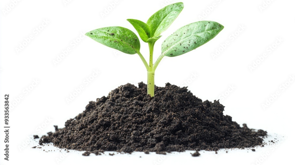 A single green sprout with delicate leaves pushing through rich soil, isolated on a pure white backdrop for a minimalist effect A single green sprout with delicate leaves pushing through rich soil, isolated on a pure white backdrop for a minimalist effect