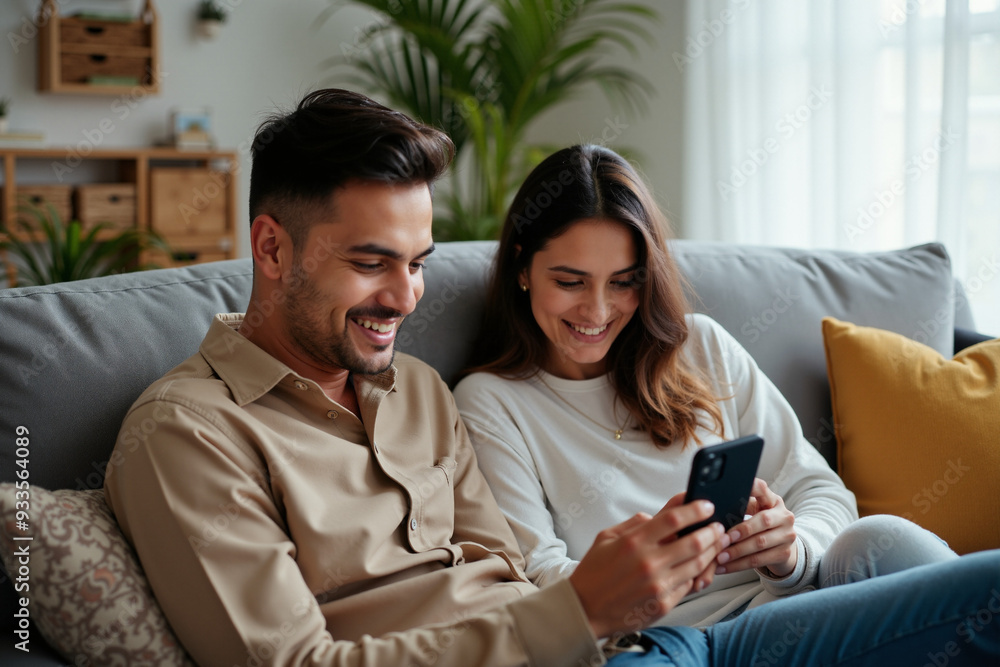 Joyful Indian Couple Shopping Online at Home: Perfect for E-commerce Ads, Lifestyle Blogs, and Tech Articles Joyful Indian Couple Shopping Online at Home: Perfect for E-commerce Ads, Lifestyle Blogs, and Tech Articles