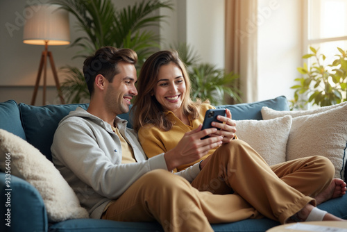 Joyful Indian Couple Shopping Online at Home: Perfect for E-commerce Ads, Lifestyle Blogs, and Tech Articles