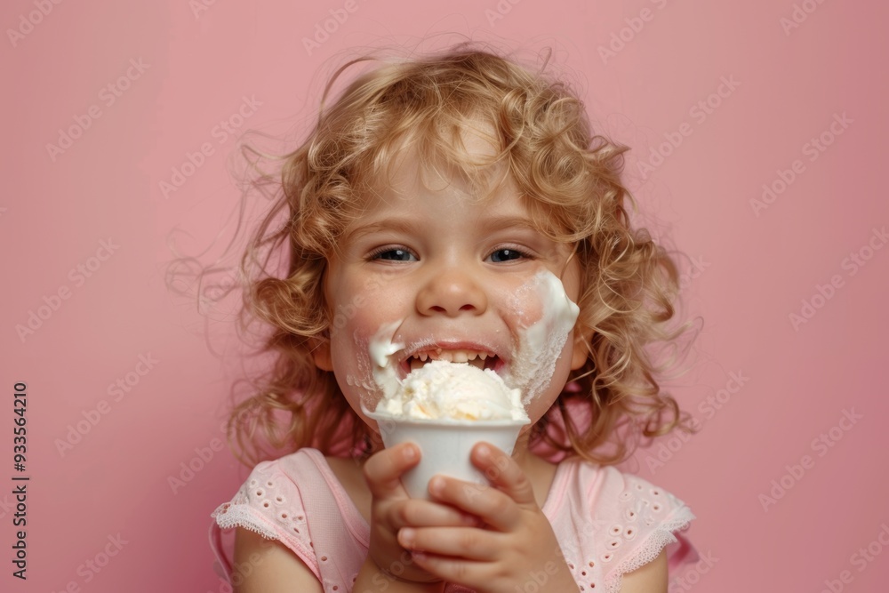 Ice cream brings a big smile to this child's face. Candid shot of blonde child capturing moment of joy. Sunlit curls and smiles portray essence of youthful innocence. Ice cream brings a big smile to this child's face. Candid shot of blonde child capturing moment of joy. Sunlit curls and smiles portray essence of youthful innocence.