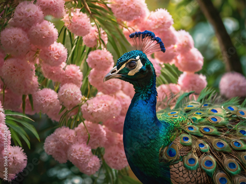 a peacock elegantly roaming around a Mimosa tree in Abkhazia photo