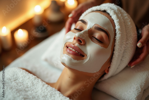 Luxurious Facial Rejuvenation: Woman Enjoying Nourishing Beauty Mask in Serene Spa Setting - Perfect for Wellness Marketing