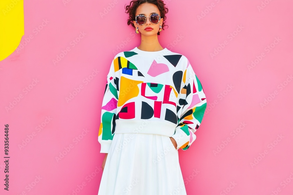 stylish woman wearing long skirt and street style sport 90s style sweatshirt with bold print stylish woman wearing long skirt and street style sport 90s style sweatshirt with bold print